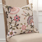 20" White and Tan Jacobean Floral Cotton Throw Pillow With Applique and Embroidery