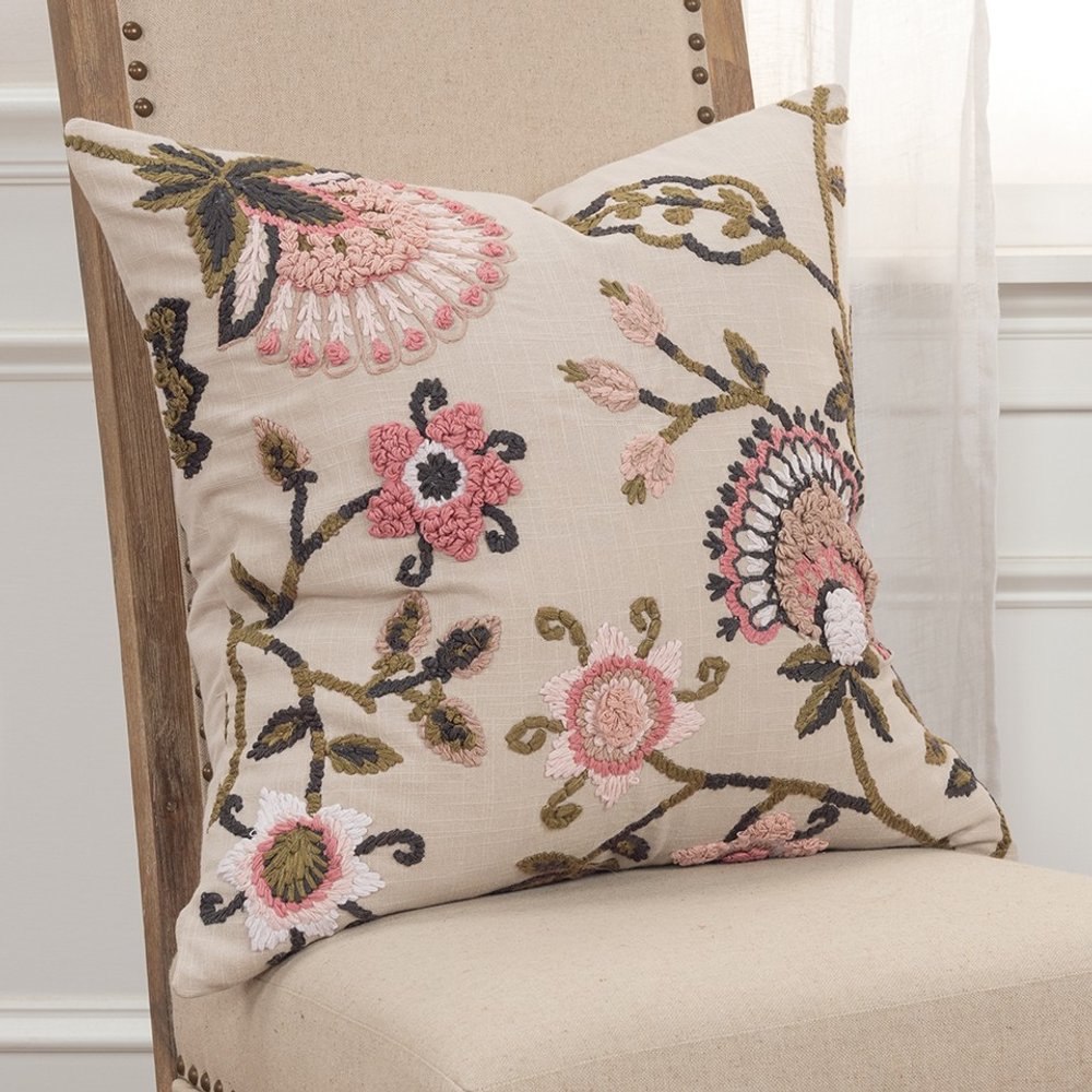 20" White and Tan Jacobean Floral Cotton Throw Pillow With Applique and Embroidery