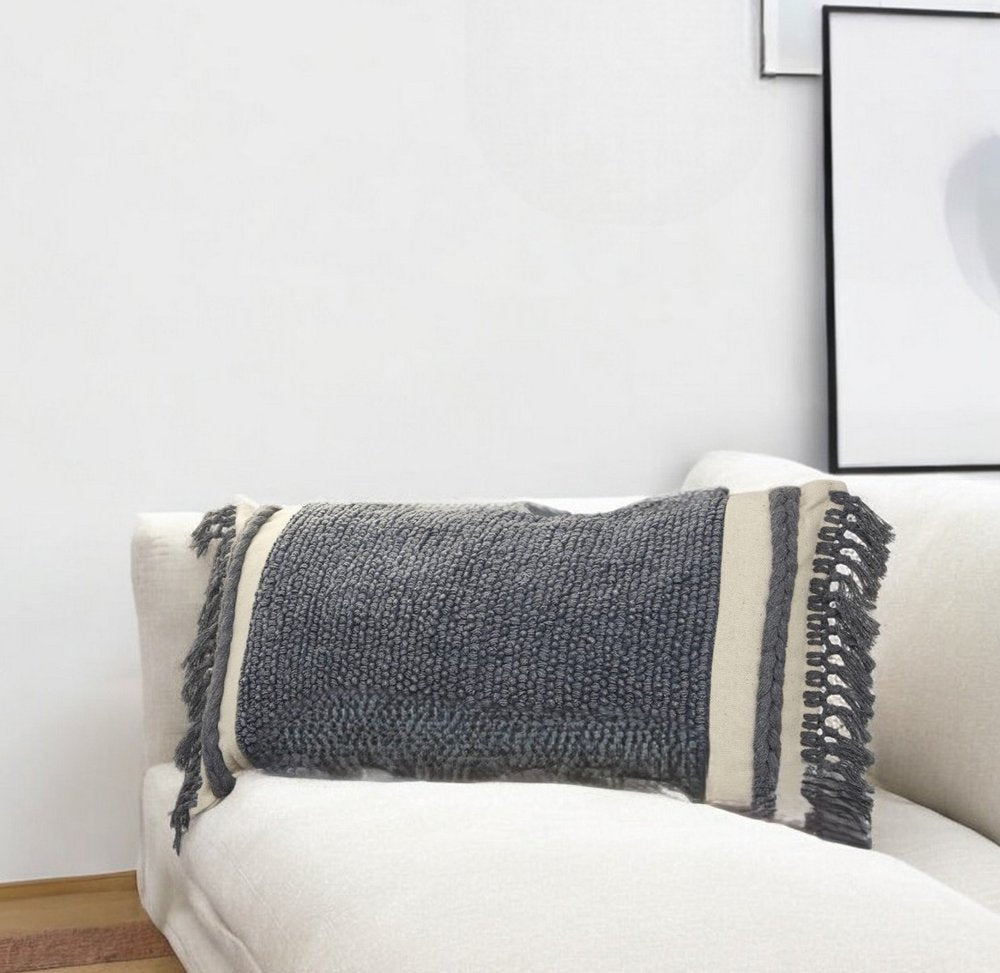 Ivory Braided Stripe Macrame Fringe Lumbar Pillow