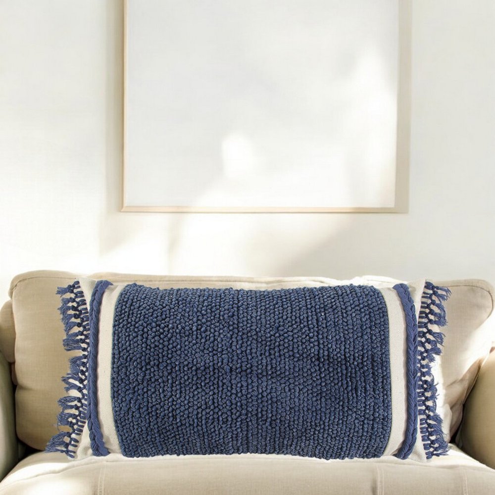 Ivory Braided Stripe Macrame Fringe Lumbar Pillow