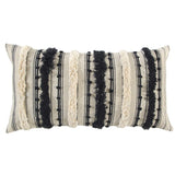 14" X 26" Beige And Black Cotton Throw Pillow With Fringe And Texture