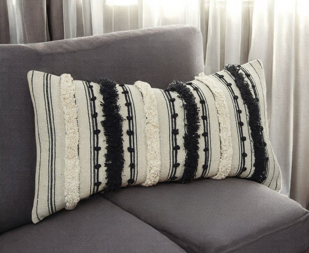 14" X 26" Beige And Black Cotton Throw Pillow With Fringe And Texture