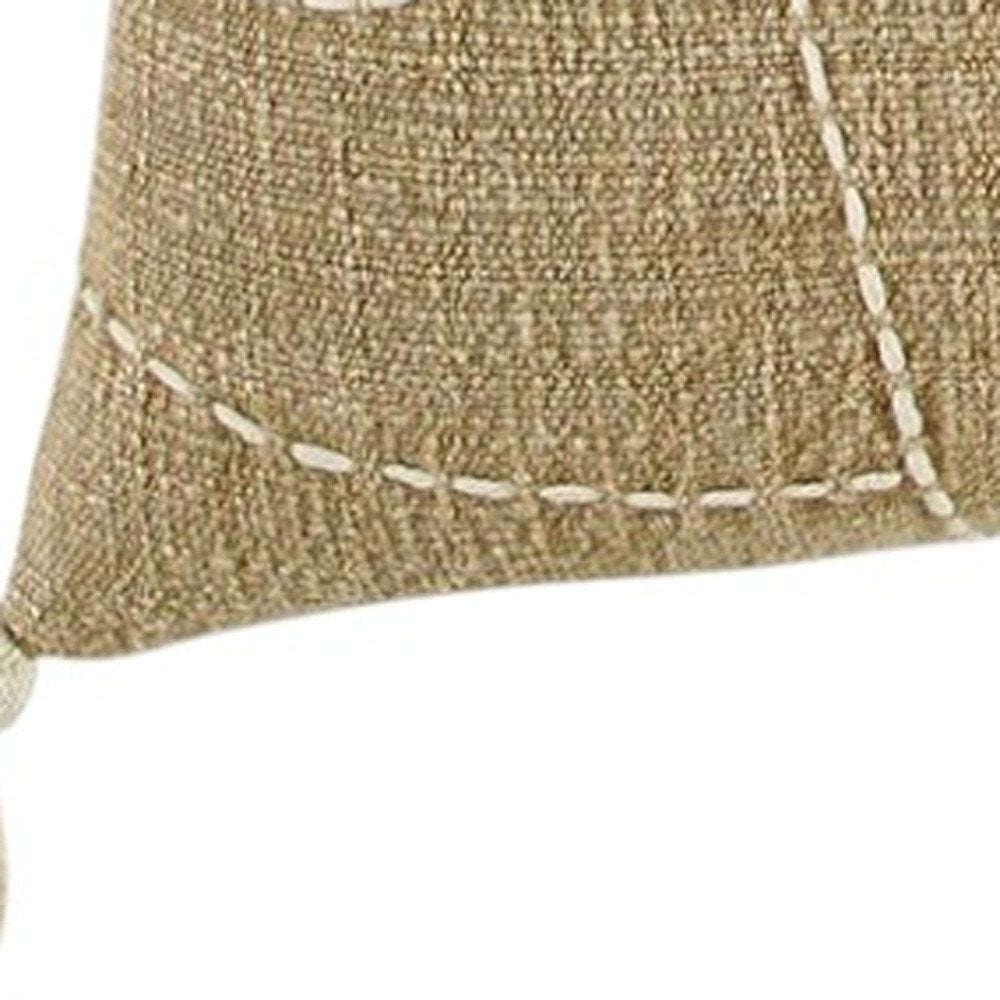 Khaki Cream Kantha Stitch Tasseled Throw Pillow