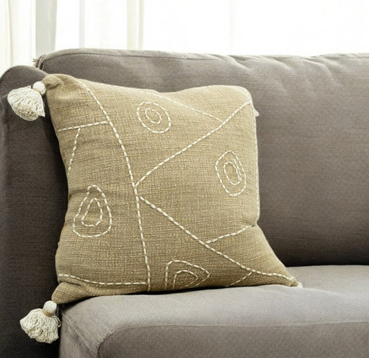 Khaki Cream Kantha Stitch Tasseled Throw Pillow