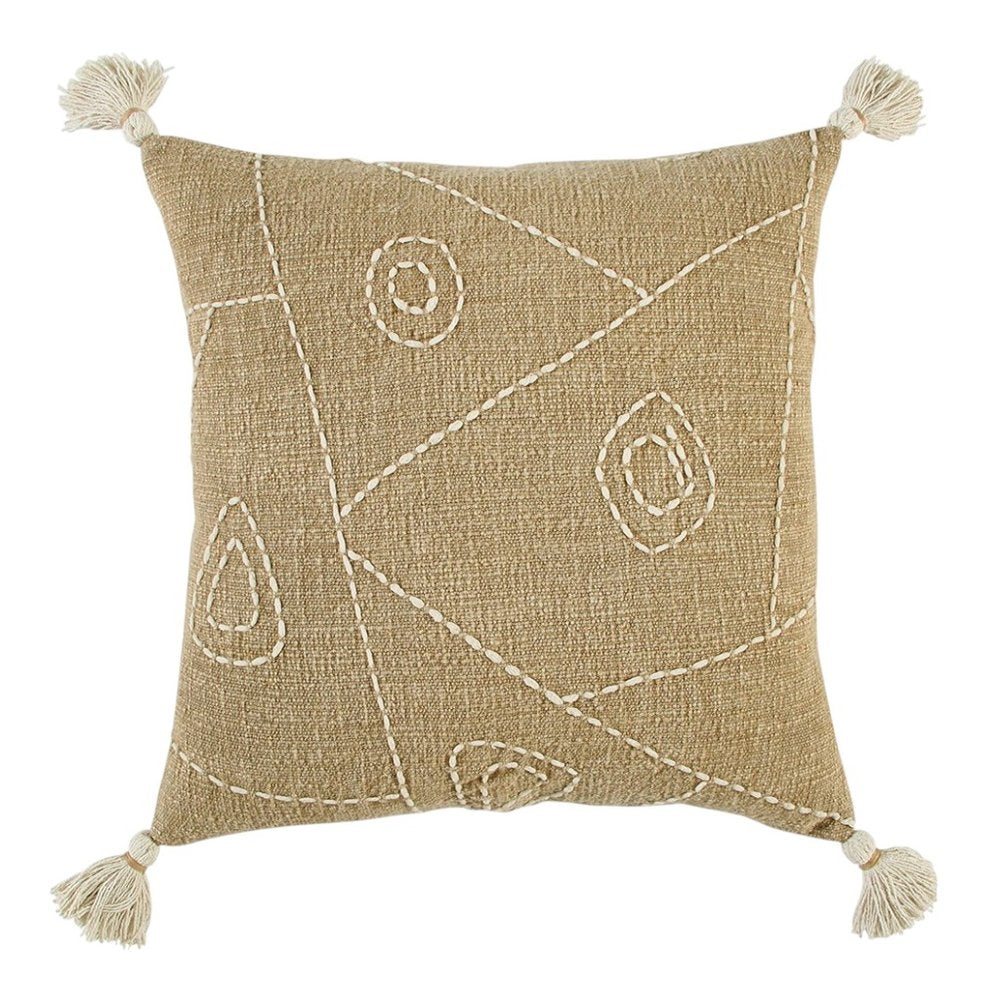 Khaki Cream Kantha Stitch Tasseled Throw Pillow