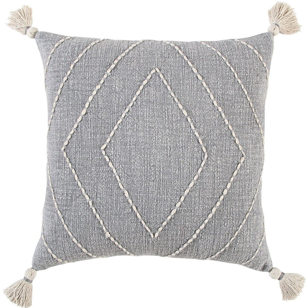 Khaki Cream Kantha Stitch Tasseled Throw Pillow