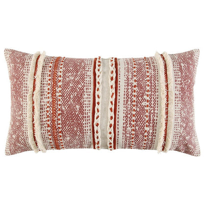14" X 26" Natural And Russet Lumbar Striped Cotton Throw Pillow with Texture
