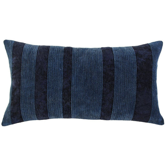 14" X 26" Navy Blue Lumbar Striped Cotton Throw Pillow