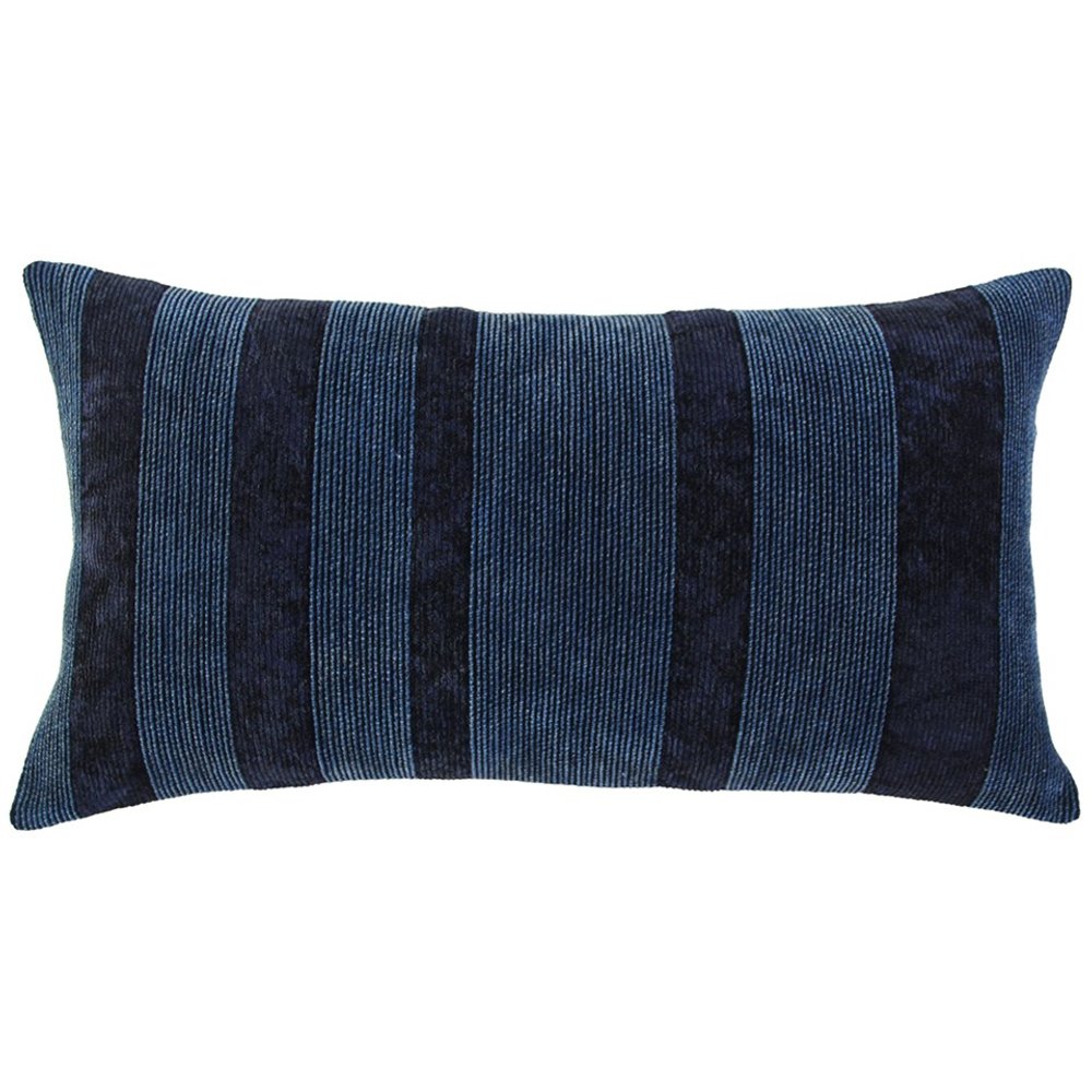 14" X 26" Navy Blue Lumbar Striped Cotton Throw Pillow