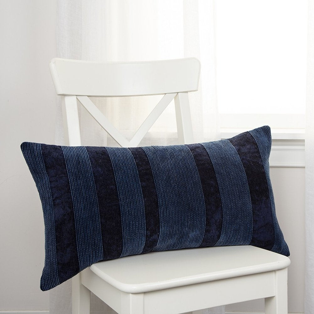 14" X 26" Navy Blue Lumbar Striped Cotton Throw Pillow