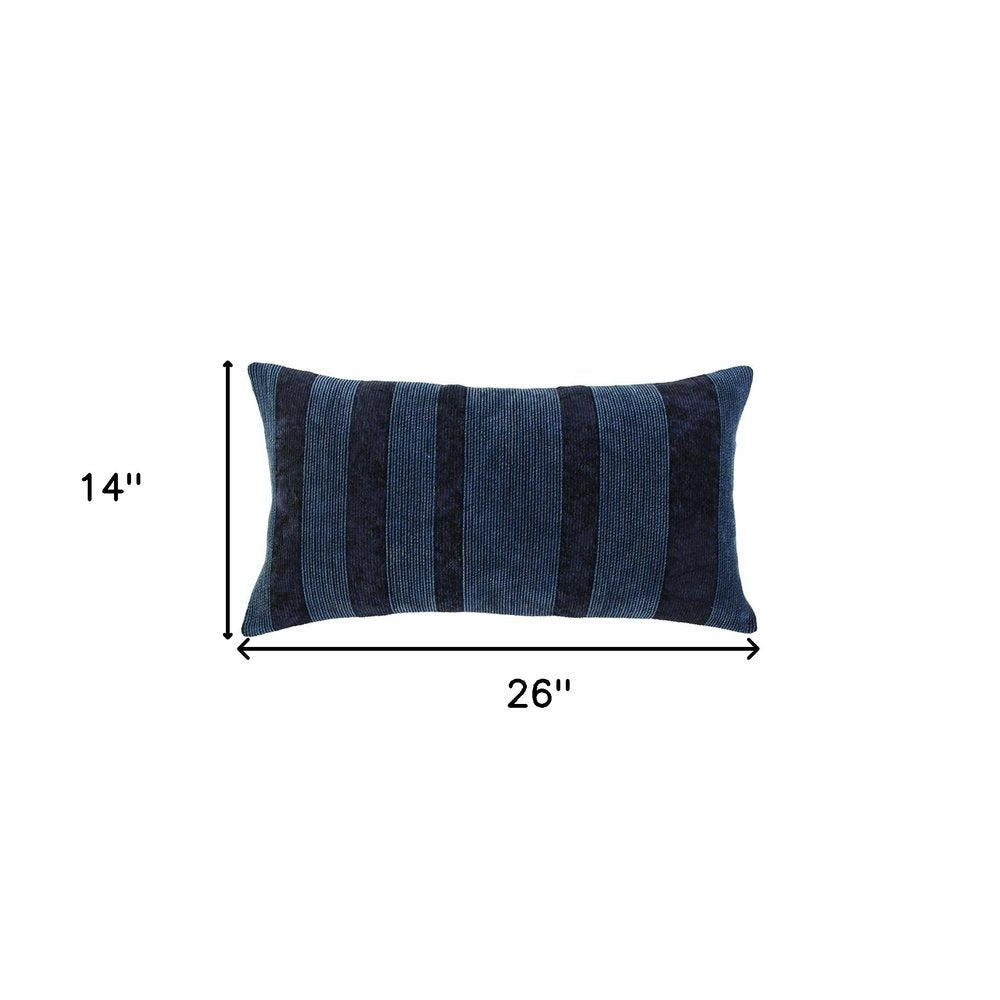 14" X 26" Navy Blue Lumbar Striped Cotton Throw Pillow