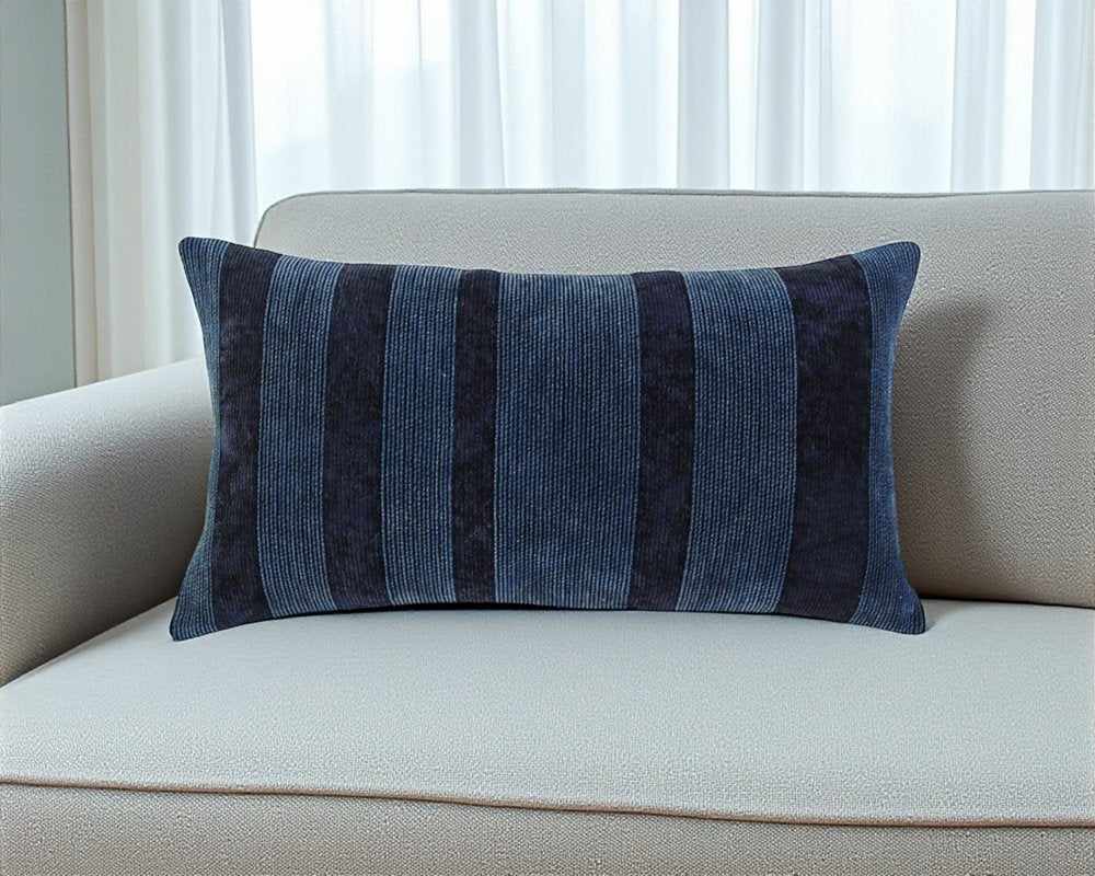 14" X 26" Navy Blue Lumbar Striped Cotton Throw Pillow