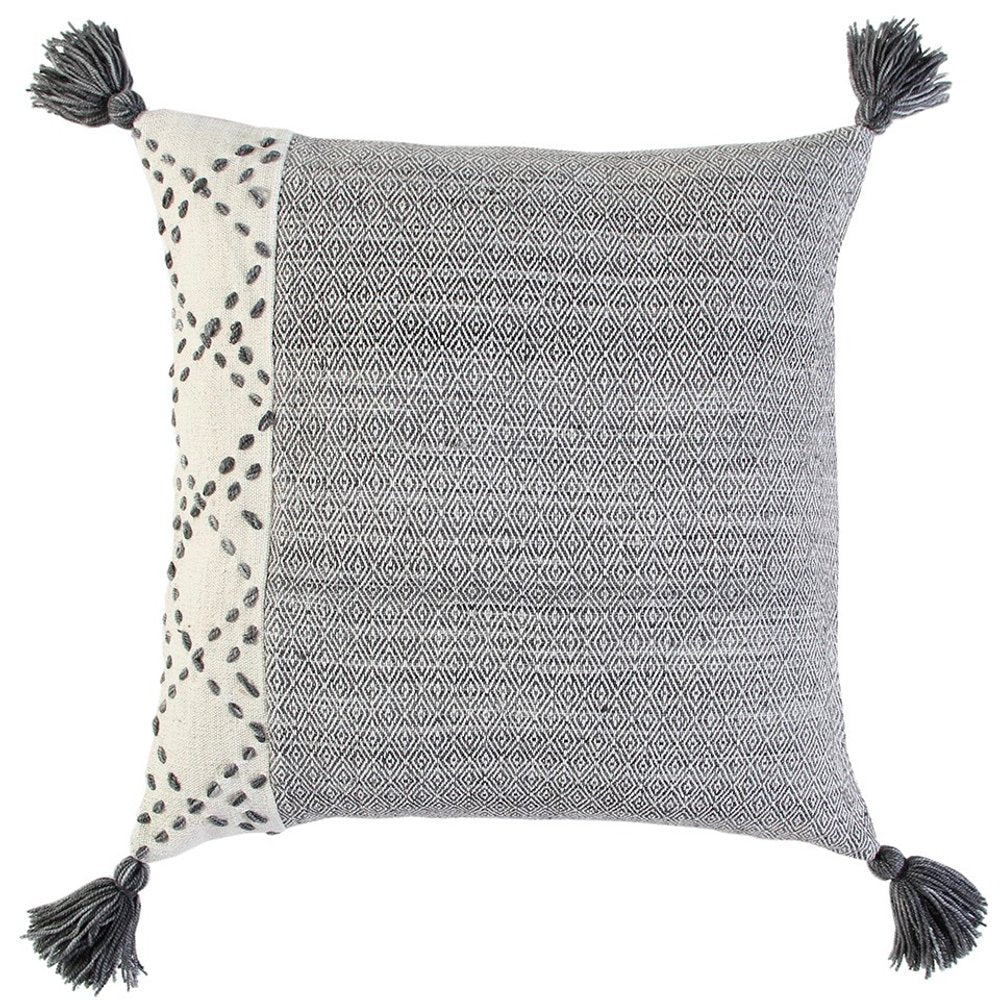 20" Gray and Ivory Herringbone Cotton Throw Pillow With Tassels