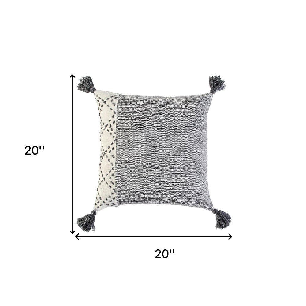 20" Gray and Ivory Herringbone Cotton Throw Pillow With Tassels