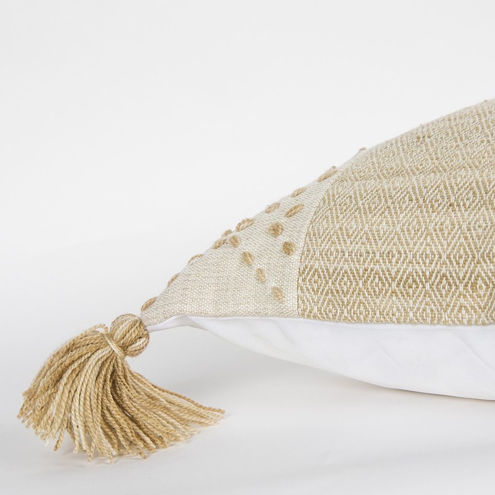 20" Gray and Ivory Herringbone Cotton Throw Pillow With Tassels