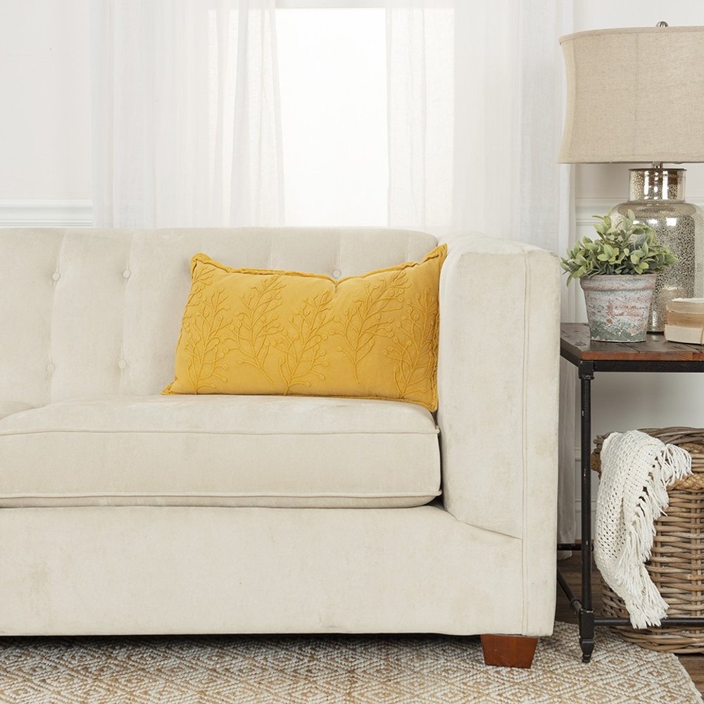 14" X 26" Yellow Botanical Throw Pillow With Embroidery