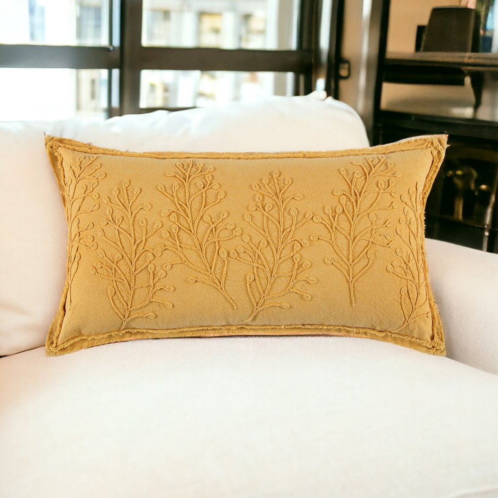 14" X 26" Yellow Botanical Throw Pillow With Embroidery