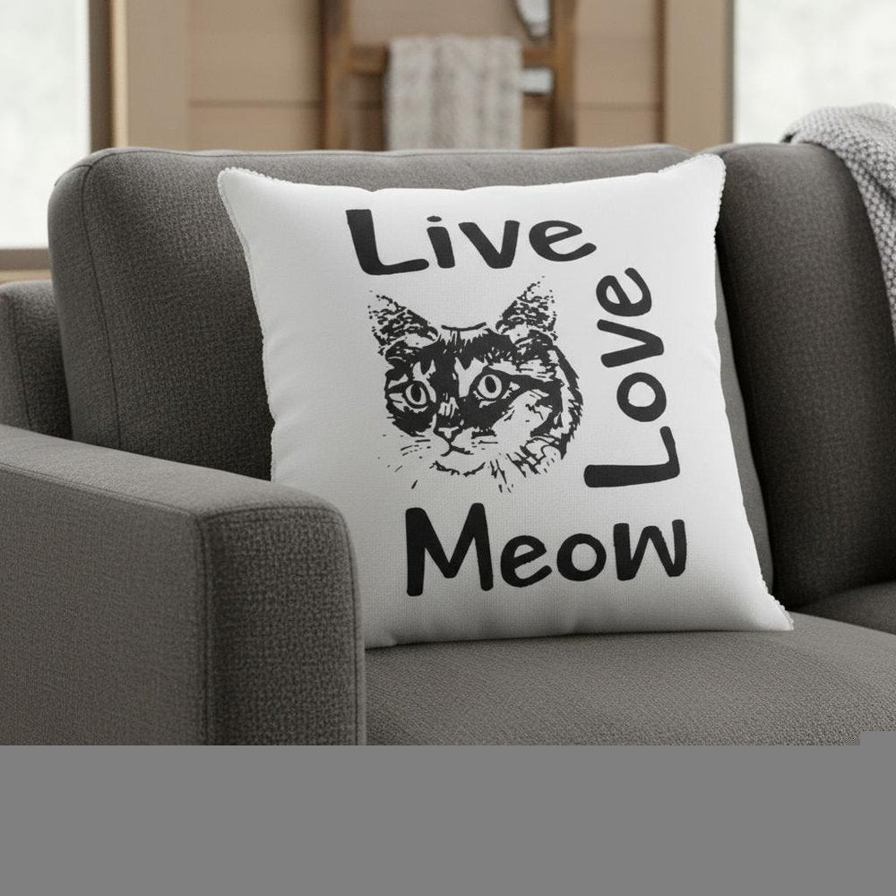 Black and White Live Love Meow Throw Pillow