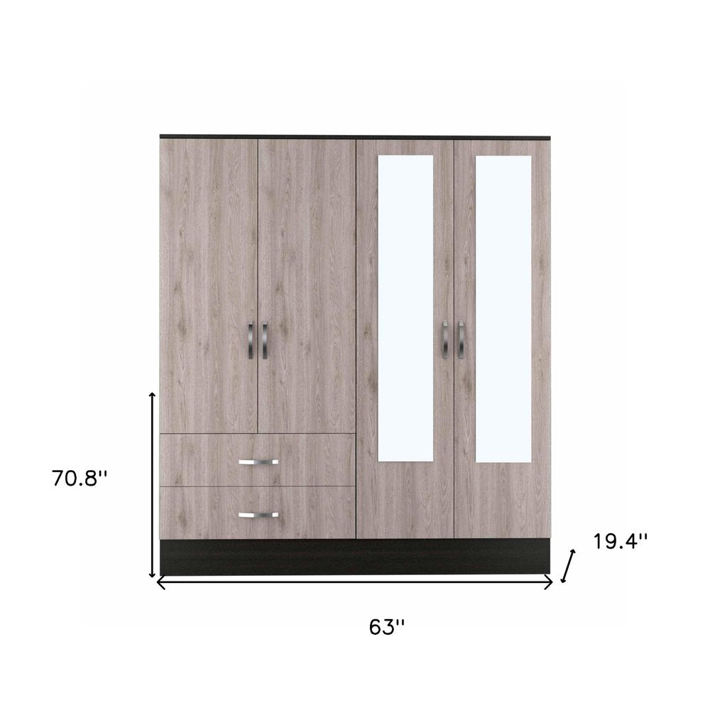 63" Brown And Black Wood Mirrored Two Drawer Dresser