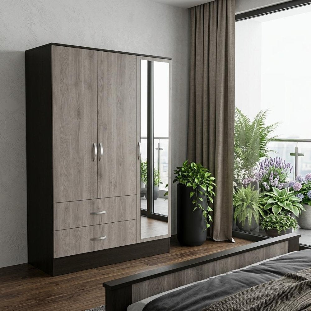71" Brown And Black Wood Mirrored Three Door Two Drawer Combo Dresser
