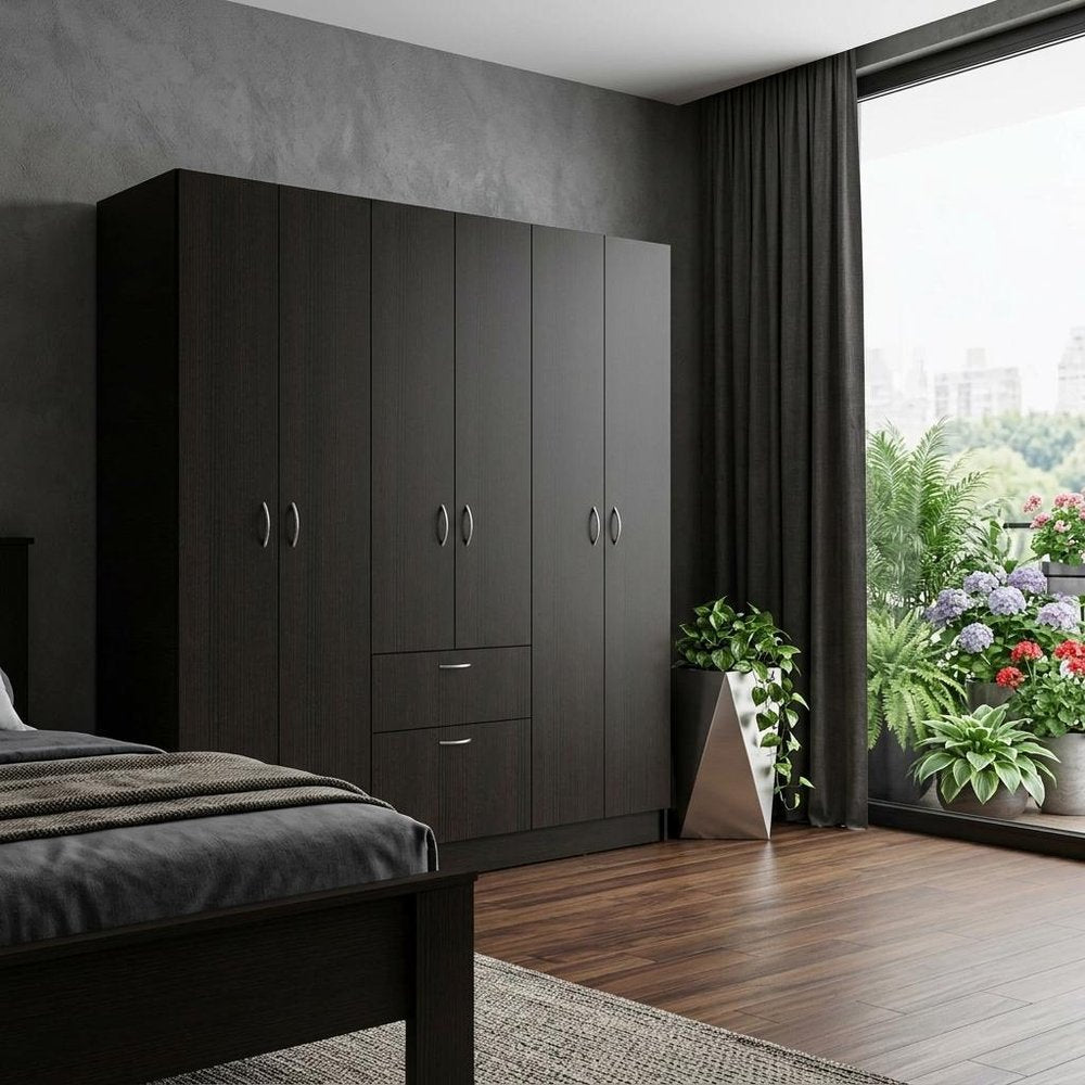 71" Black And White Wood Six Door Single Drawer Combo Dresser
