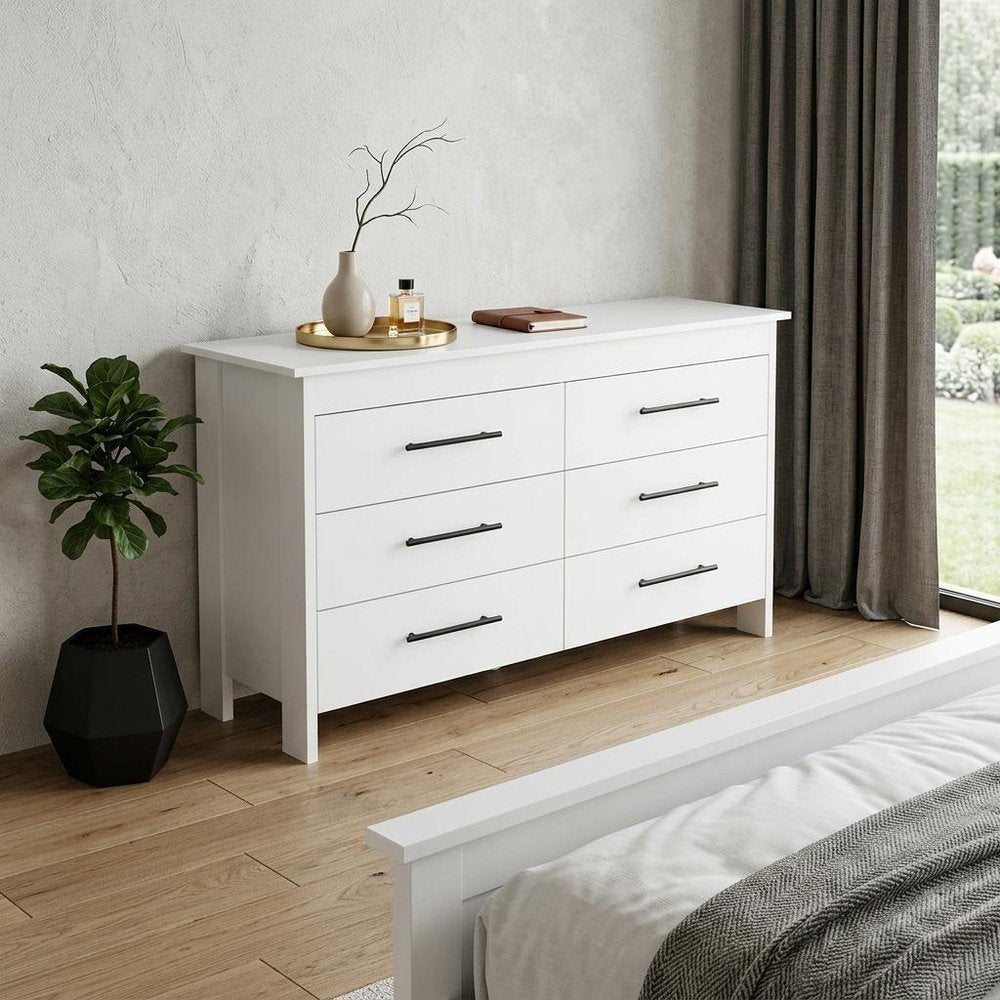 59" White Wood Six Drawer Double Dresser