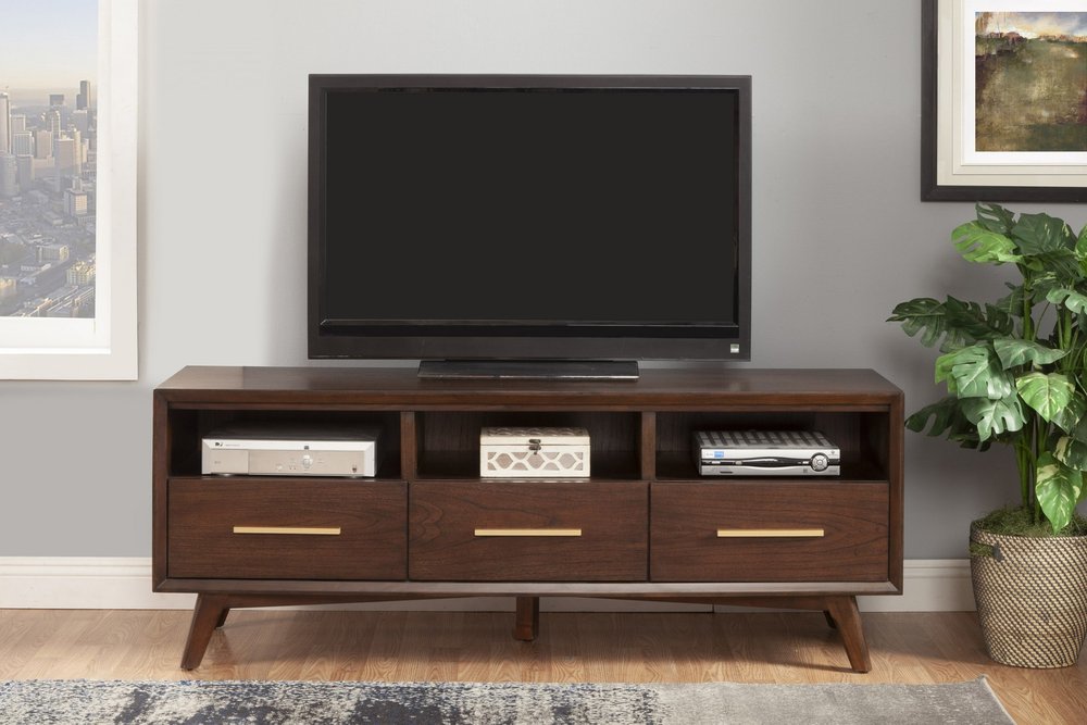 64" Brown Mahogany Solid Wood Open Shelving TV Stand