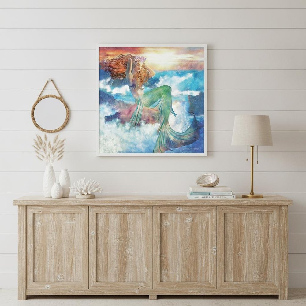 Sunset Mermaid 2 White Framed Print Wall Art