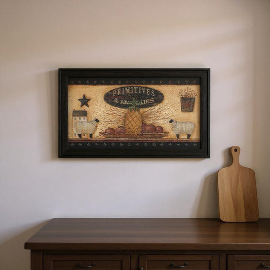 Primitive And Antiques Shelves Black Framed Print Wall Art