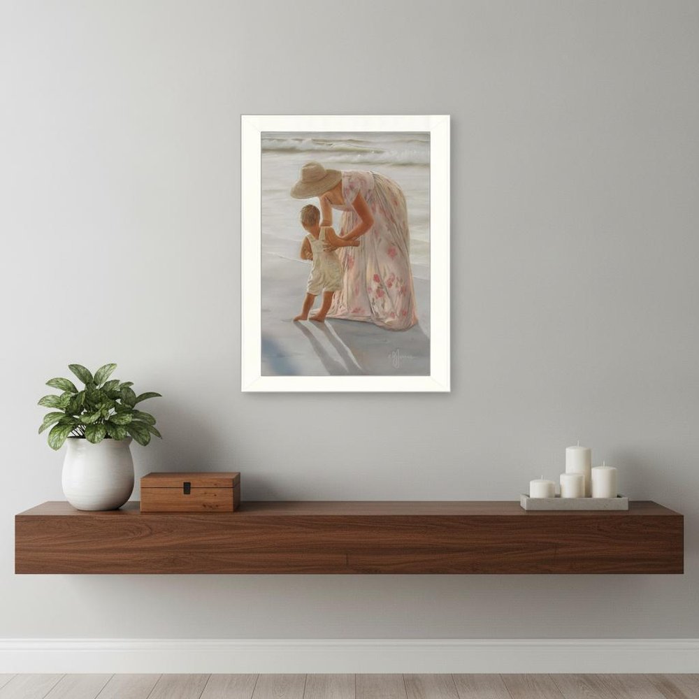 First Time on the Beach White Framed Print Wall Art