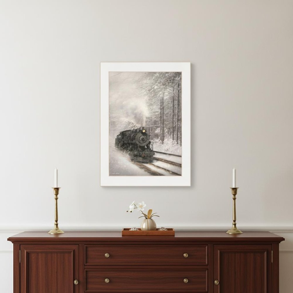 Snowy Locomotive 2 White Framed Print Wall Art