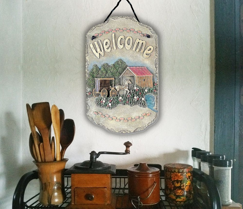 13" X 8" Gray Cream And Green Resin Horse Welcome Sign Wall Decor