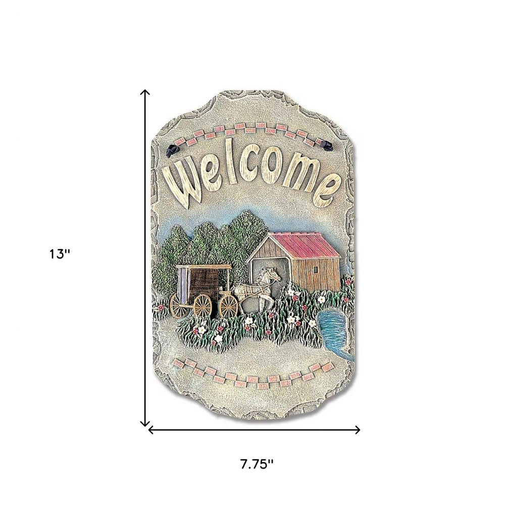 13" X 8" Gray Cream And Green Resin Horse Welcome Sign Wall Decor