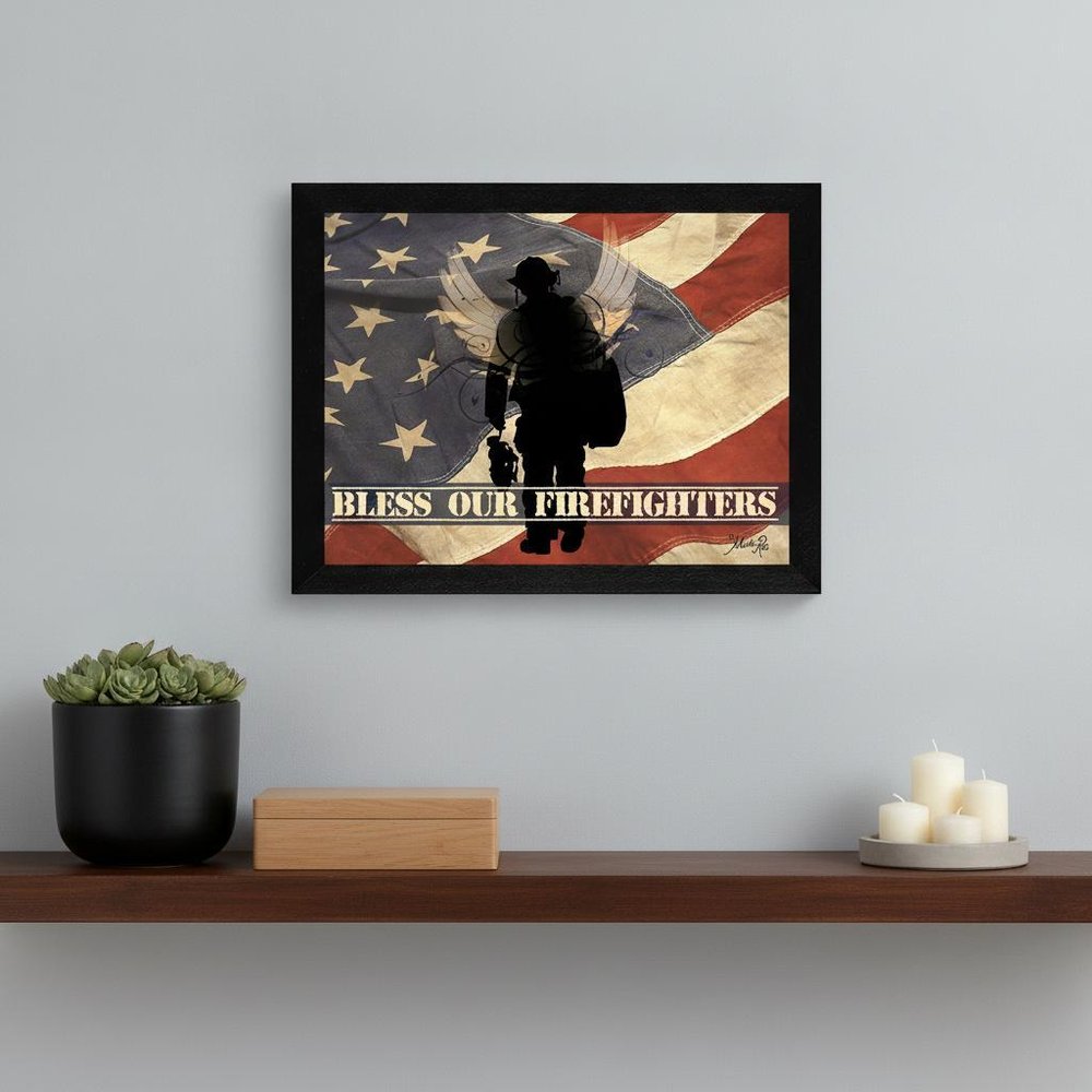 Bless our Firefighters Black Framed Print Wall Art