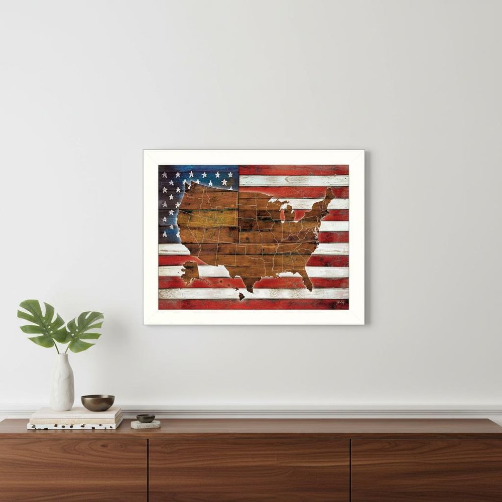 American Flag USA Map White Framed Print Wall Art