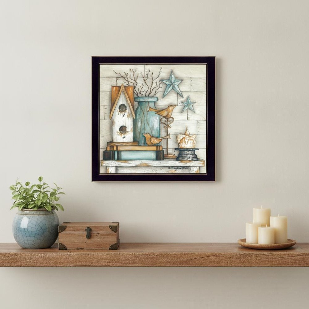 Birdhouse on Books 1 Black Framed Print Wall Art