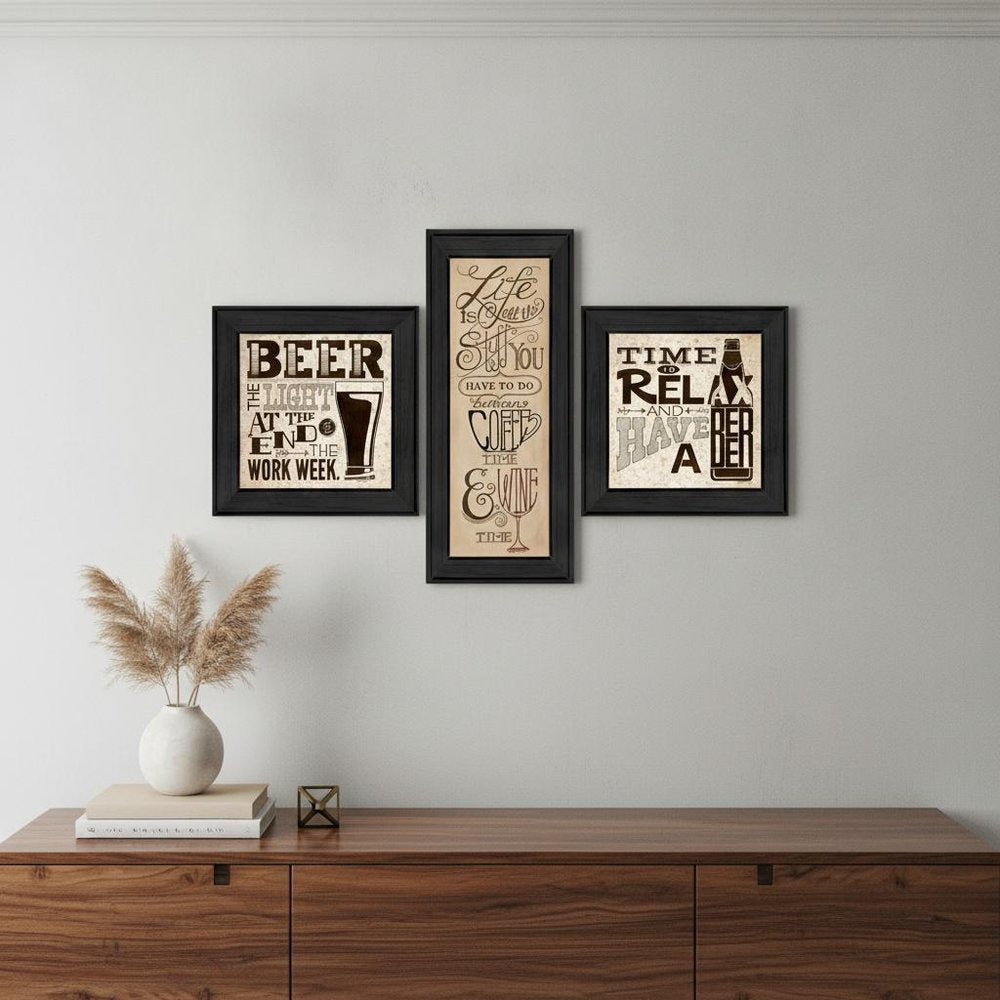 Set Of Three Beer Time Black Framed Print Wall Art