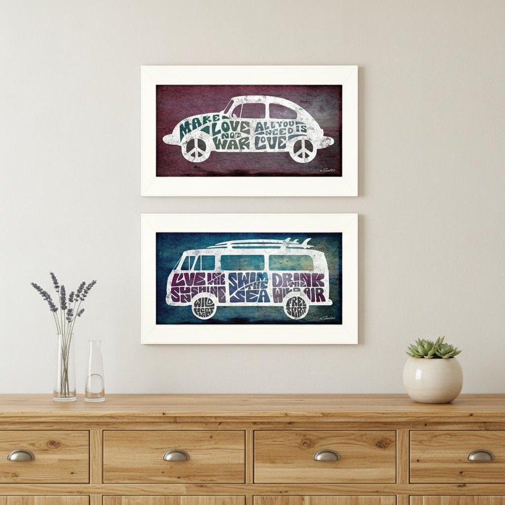 Set Of Two Retro White Framed Print Wall Art