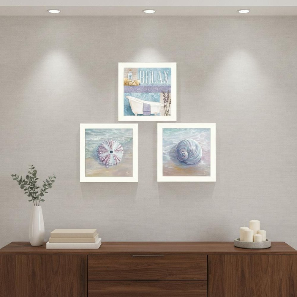 Set Of Three Shells I White Framed Print Bathroom Wall Art