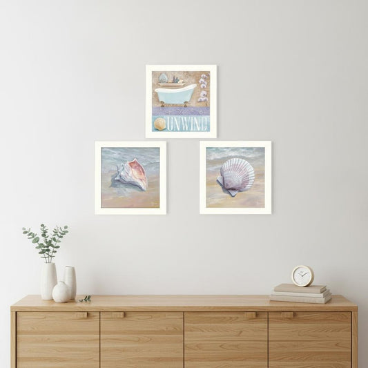 Set Of Three Shells II White Framed Print Bathroom Wall Art
