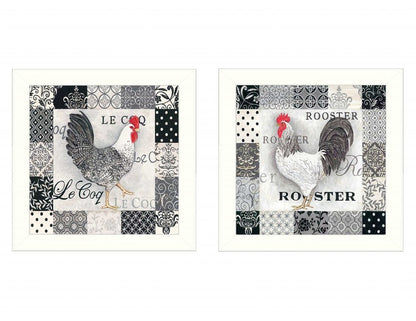 Set Of Two Black And White Rooster White Framed Print Wall Art
