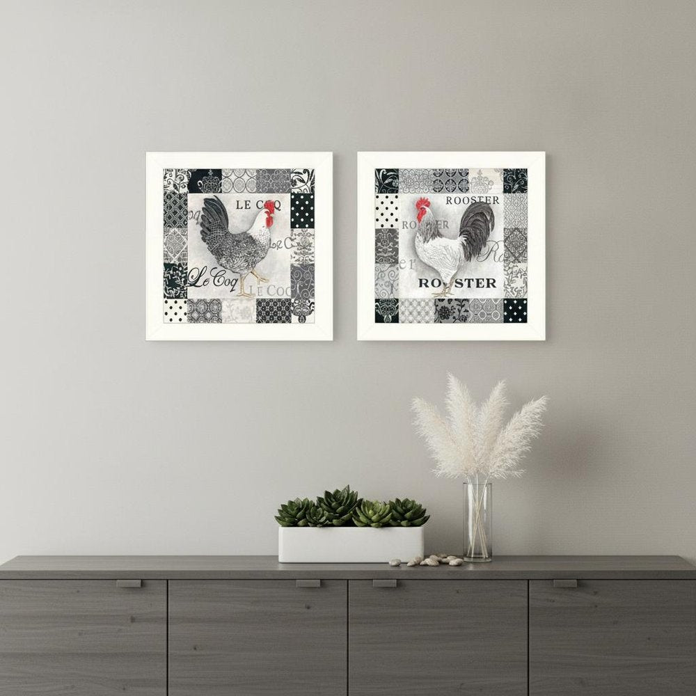 Set Of Two Black And White Rooster White Framed Print Wall Art