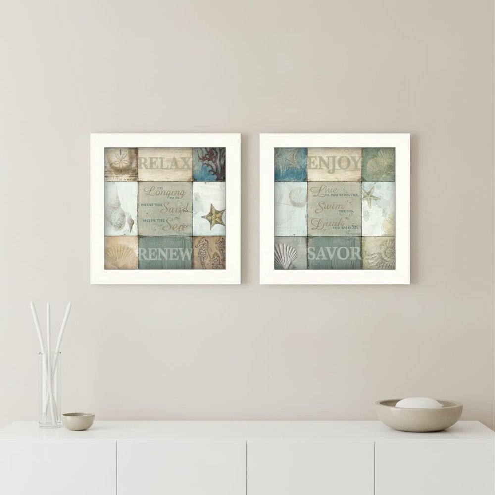 Set Of Two Sunshine Sand and Sea White Framed Print Wall Art