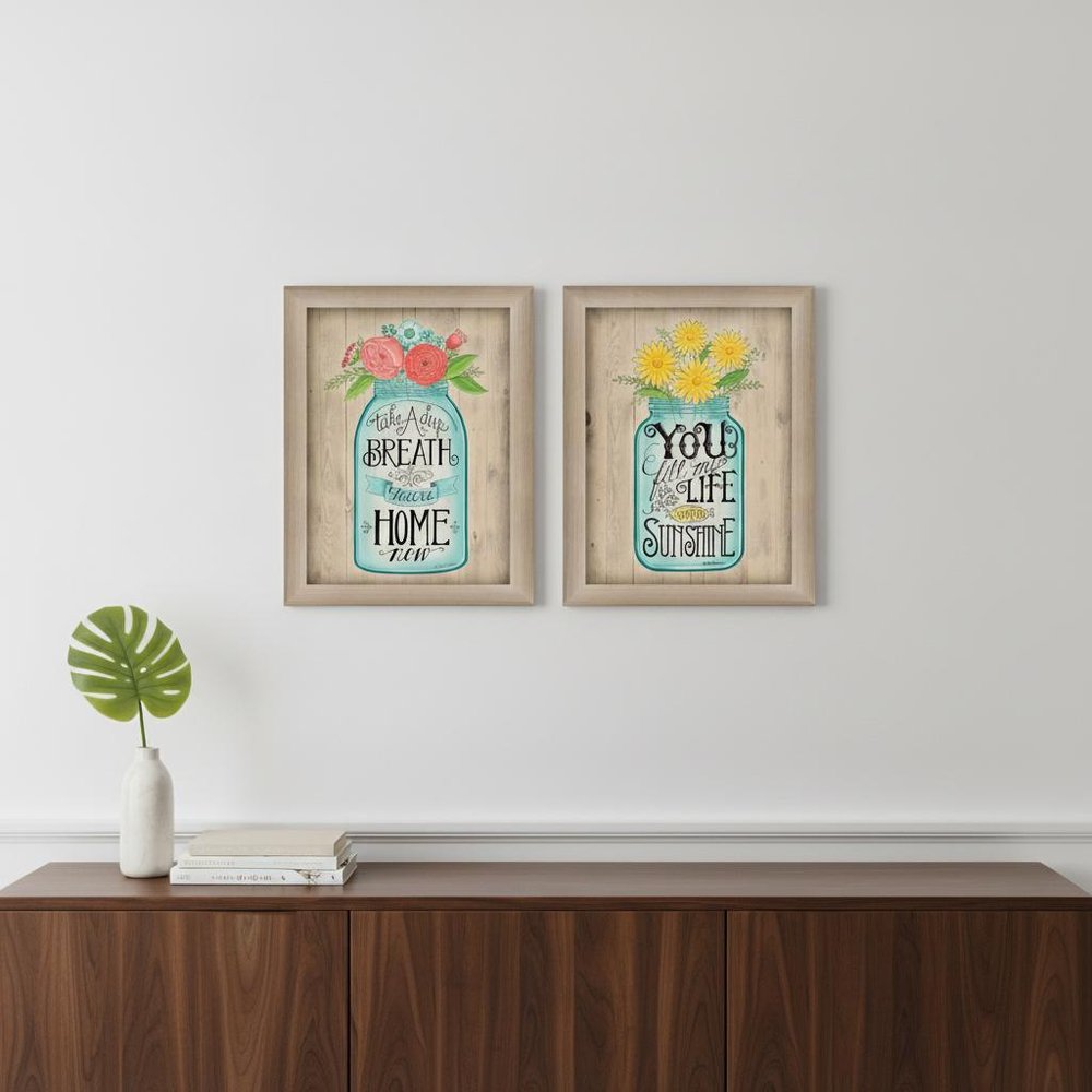 Set Of Two Mason Jars Floral Brown Framed Print Wall Art
