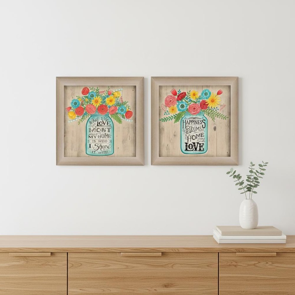 Set Of Two Mason Jar Floral Happiness at Home Brown Framed Print Wall Art