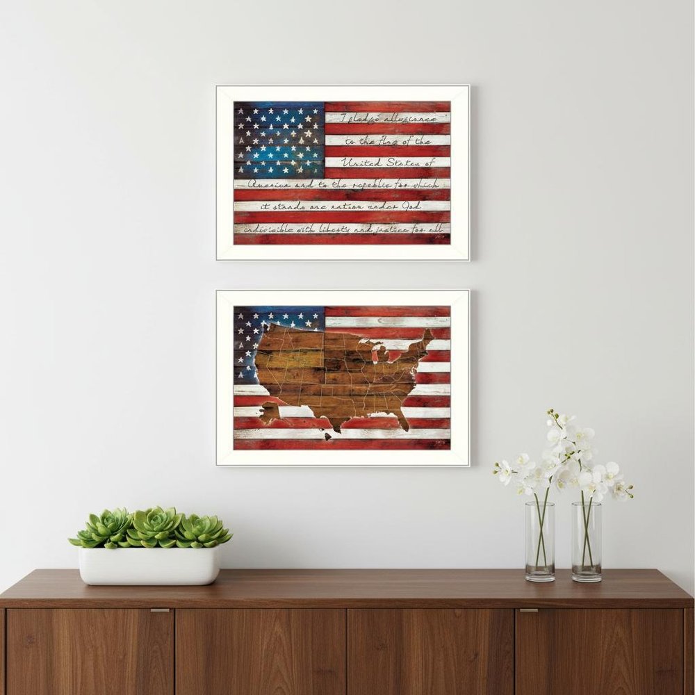 Set Of Two American Flags White Framed Print Wall Art