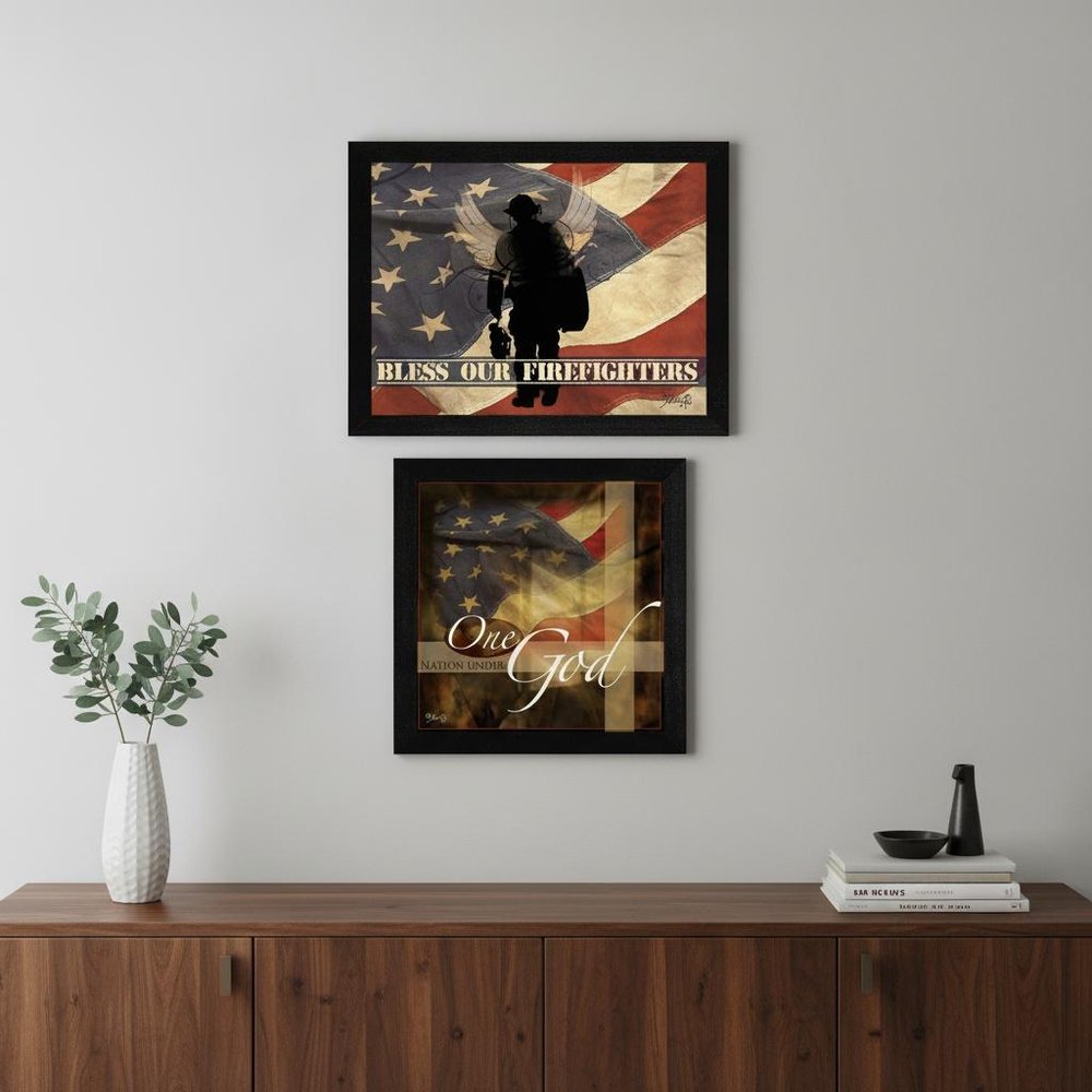 Set Of Two Firefighters One Nation Black Framed Print Wall Art