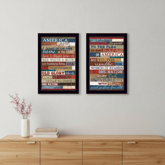 Set Of Two America Proud Faux Wood Plank Black Framed Print Wall Art