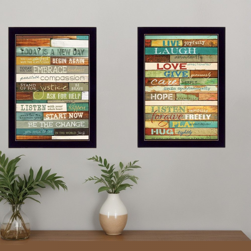 Set Of Two Today is a New Day Faux Wood Slat Black Framed Print Wall Art