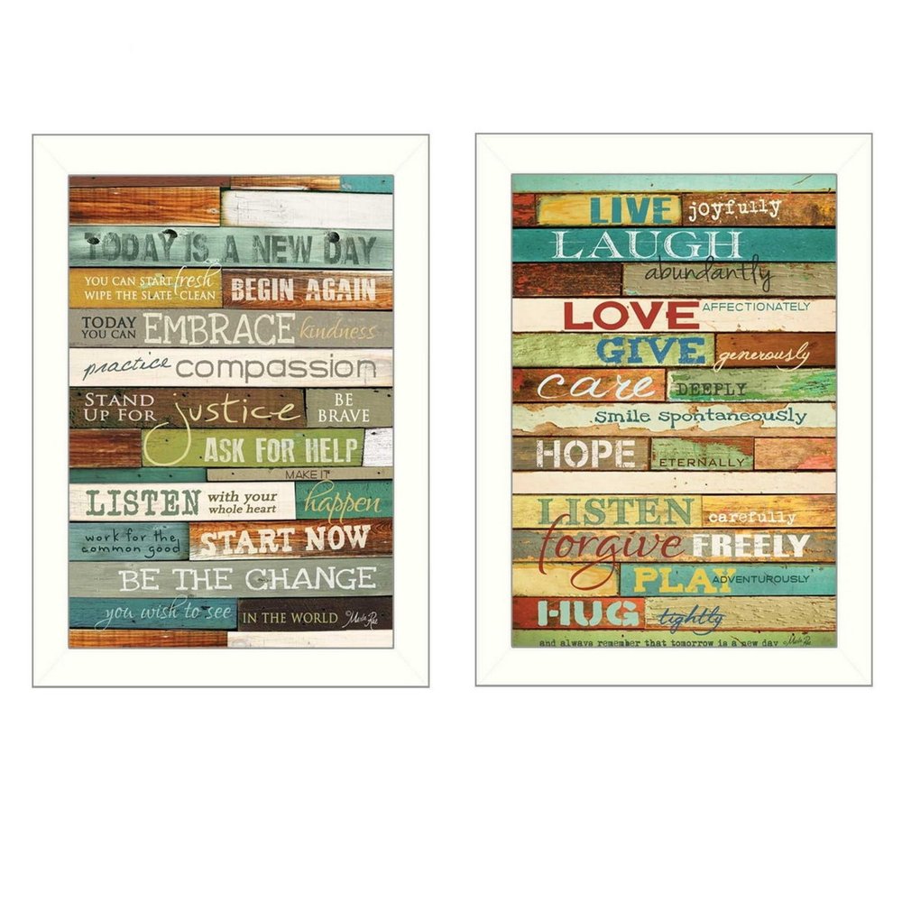 Set Of Two Today is a New Day Faux Wood Slat White Framed Print Wall Art